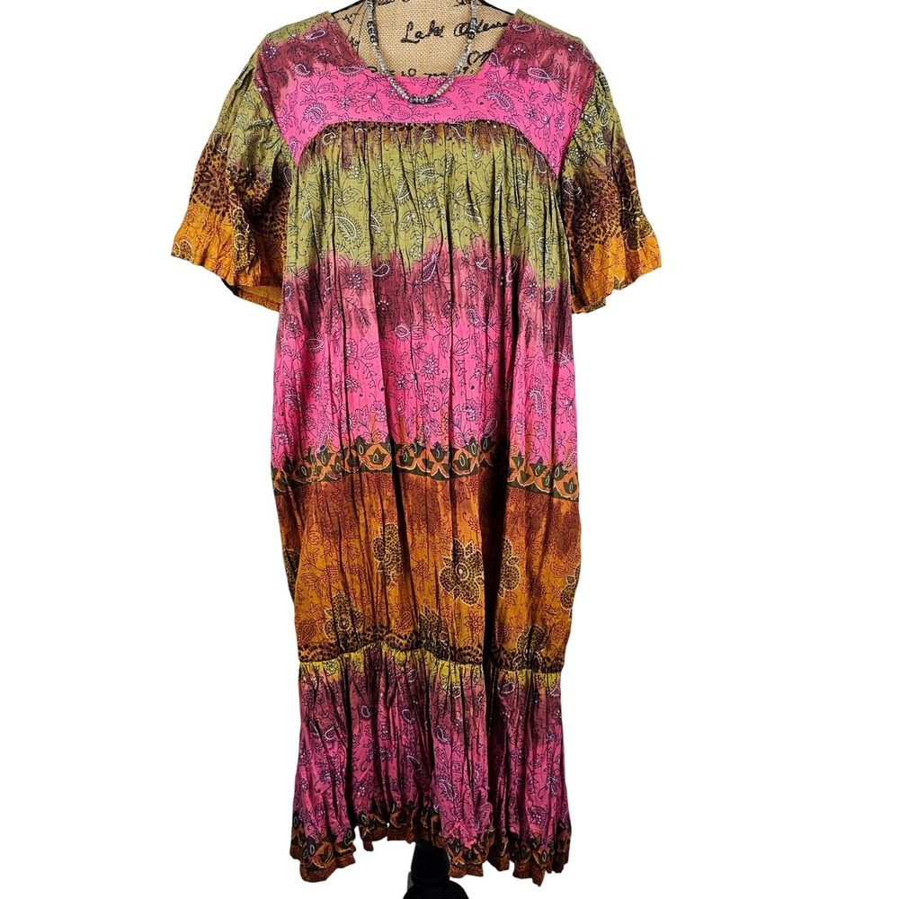 VTG Haband! Dress Medium Pink Green Paisley India‎ Peasant Bohemian Short Sleeve